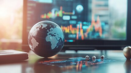 Global Market Dynamics: A close-up captures a miniature globe at the forefront, elegantly positioned on a desk with an active financial chart on the background.