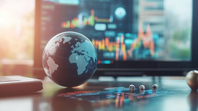 Global Market Dynamics: A close-up captures a miniature globe at the forefront, elegantly positioned on a desk with an active financial chart on the background.