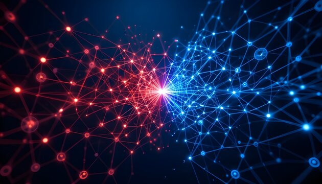 Abstract network with red and blue glowing nodes connected by lines converging at a central point