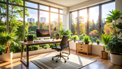 Sunlit Modern Home Office with Greenery and City View