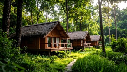 Rustic thatched cabins nestled in a lush forest