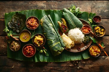 Assamese Thali Traditional Cuisine Served on Banana Leaf with Wooden Bowls on Rustic Table