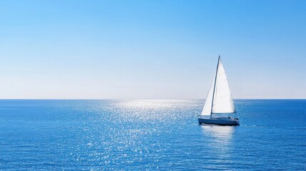 Fototapeta premium Sailboat on Calm Sea: A lone sailboat glides effortlessly across the vast, tranquil expanse of a calm sea, beneath a clear, endless sky, capturing a sense of freedom and serene isolation.
