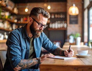 Man writing in a cafe