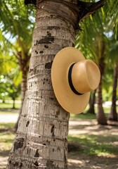 Vacation Symbol &ndash; Hat Hanging from Coconut Tree in Sunlight