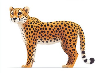 Illustration of a cheetah standing on a white background with black spots and a long tail design