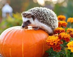 Fototapeta premium Hedgehog on a pumpkin amongst marigolds