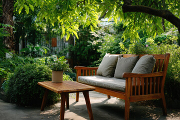 Fototapeta premium cozy garden furniture arrangement nestled among lush greenery showcasing ecofriendly garden design