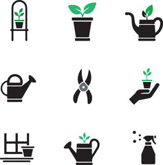 Flower Care Icons. Solid, filled icon set of flower care tools: watering can, pruning shears, garden gloves, fertilizer bag,
