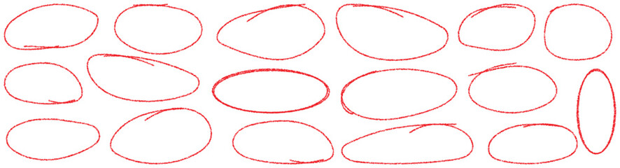 Hand-drawn doodle grunge circle for highlights, scribble ovals and bubbles to circle and highlight text, Round scrawl frames. Red round rough thin frames. Vector elements for hand drawn diagrams.