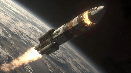 Obraz premium Rocket launching into space with intense flames and smoke trails against a backdrop of Earth