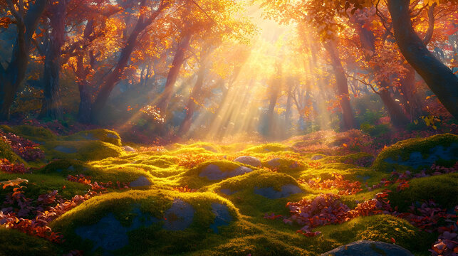 Sunlight streams through autumn forest, illuminating mossy ground strewn with fallen leaves.  Sunlight beams through canopy, creating a magical, vibrant forest floor