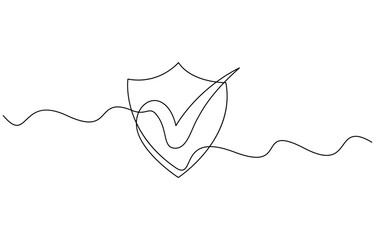 Security shield with check mark of one continuous line drawn, Shield drawn in one line. Safety and anti-virus protection concept. Vector illustration editable outline
