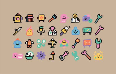 Happy colorful doodle icons: tools, professions, and everyday objects.
