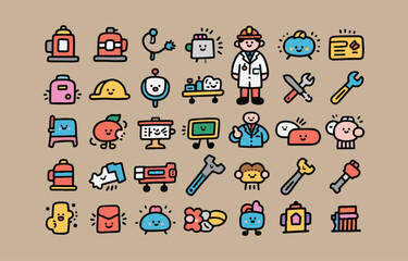 Cheerful cartoon icons: tools, professions, and objects; playful style; positive mood.