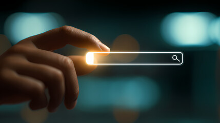 A person's hand hovering over a search bar on a digital screen, with a cursor blinking, emphasizing the action of searching for information. the background is blurred, focusing on the search bar.