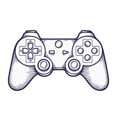 Game controller line drawing with buttons and directional pad illustrated in sketch style. Detailed game controller features classic design, perfect for depicting gaming, technology, or entertainment.