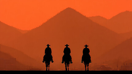 Fototapeta premium Serene Sunset with Cowboy Silhouettes over Mountain Range