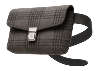 Plaid wool belt bag in grey and black with a fold-over flap
