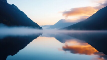 Fototapeta premium Serene Mountain Lake Reflection: An idyllic scene unfolds, as majestic mountains cradle a tranquil lake, their silhouettes mirrored in the still water. The soft.