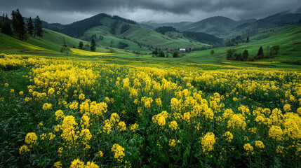 Beautiful Yellow Flower Field in Green Hills