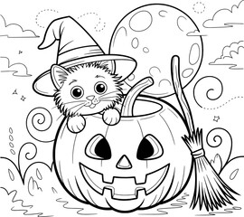 Adorable cat wearing witch hat peeking from carved pumpkin with broom and moon kitten