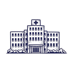 Hospital building illustration with medical cross on top, line drawing art. This hospital building shows detailed line work, adding depth.