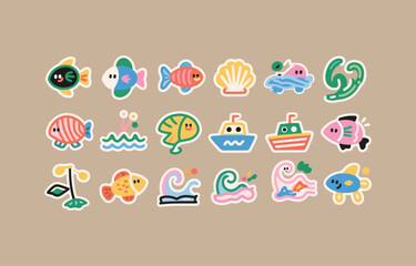 Fototapeta premium Cheerful cartoon ocean stickers: playful fish, boats, and sea plants.