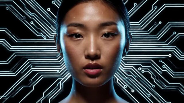 Close-up hitam-putih seorang wanita muda dalam gaun hitam, wajahnya memikat dengan senyum sensual, memamerkan mata indah dan rambut cokelatnya