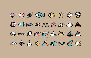 Happy Summer Ocean Doodle Icons:  Cute Fish, Boats, Shells, and Stars.