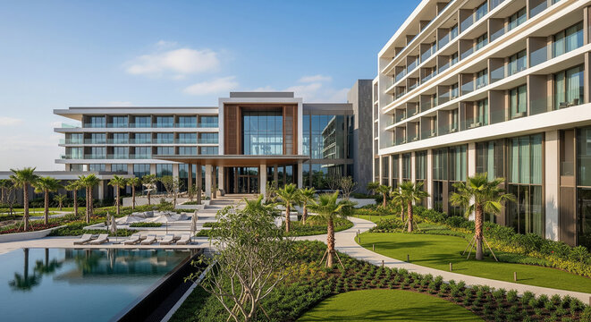 A modern luxury hotel with clean lines, neutral tones, glass, and lush landscaping under daylight.