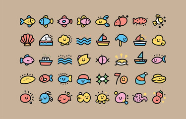 Cute Summer Ocean Icons:  Happy Fish, Boats, Shells, and Sun Clipart