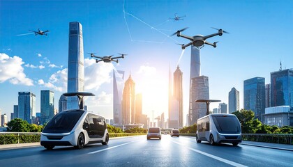 Futuristic city with autonomous vehicles and drones