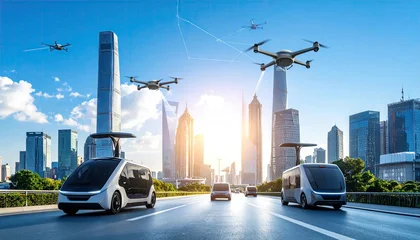 Tableau sur plexiglas Véhicules Futuristic city with autonomous vehicles and drones  © Likah
