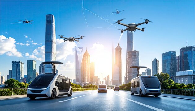 Futuristic city with autonomous vehicles and drones
