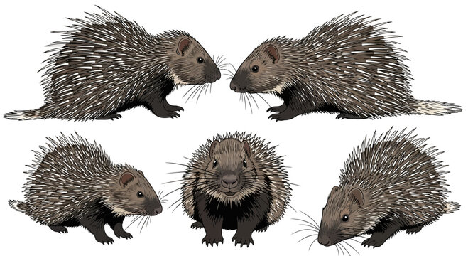 North American porcupines in various poses on white background  