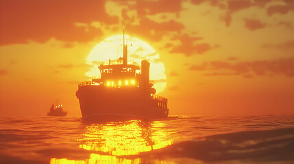 Obraz premium Silhouette of a tugboat at sunset, golden sun, calm ocean. Large ship, small tugboats, warm colors, dramatic light