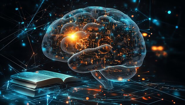 Human brain with gears, books, and AI circuits swirling within, symbolizing the growth of skills and knowledge through artificial intelligence, bright digital illumination