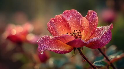 Close-up of a vibrant rose with dew drops
