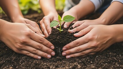 Several hands gently plant a young seedling into fertile soil, reflecting unity, care for the environment, and shared responsibility for a sustainable future.