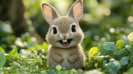 Adorable baby rabbit in a lush green garden