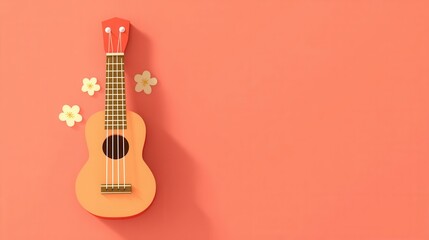Vibrant Ukulele with Flowers on Coral Background for Music Lovers