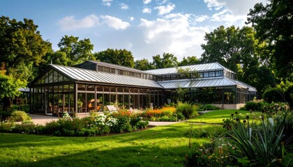 Serene glasshouse in park, lush gardens