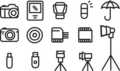 Modern Photography Equipment Icons: Clean Line Art Style, Professional Mood