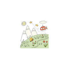 Mountain vector with spring flowers and birds