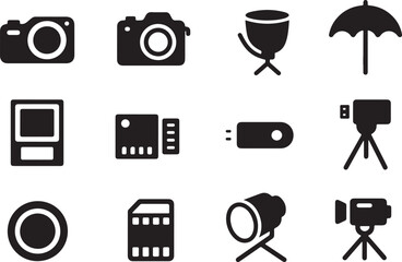 Professional Photography Equipment Icons:  Cameras, Lighting, and Accessories in Bold Black Glyph Style.