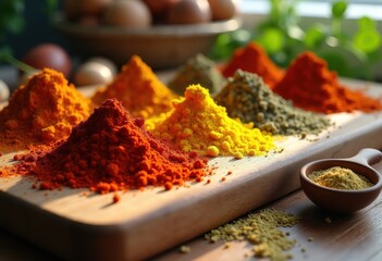 vibrant colorful spices spread rustic wooden cutting board culinary delight flavorful ingredients kitchen artistry, seasoning, cooking, exotic, scent, powder