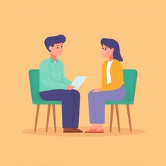 Young Man and Woman Engaged in Discussion Sitting on Chairs in Bright Room