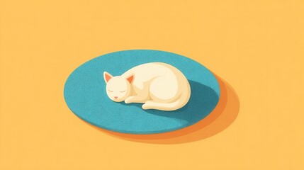 Cute White Cat Sleeping on a Round Blue Mat Against a Bright Yellow Background
