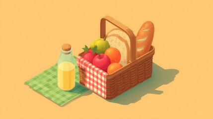 Colorful picnic basket with fresh fruits, bread, and drink on cloth